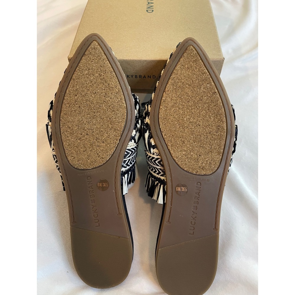 Lucky Brand Baoss Mules Black Natural Woven Pele Tape Fringe Pointed Toe Flats - Picture 8 of 8